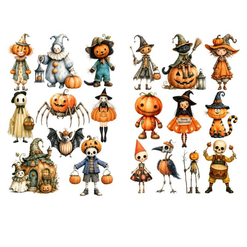 A collection of cute watercolor-style Halloween cartoon characters, including pumpkins, ghosts, witches, skeletons, a spider, a bat, a bird, and a haunted house, arranged on a plain white background.
