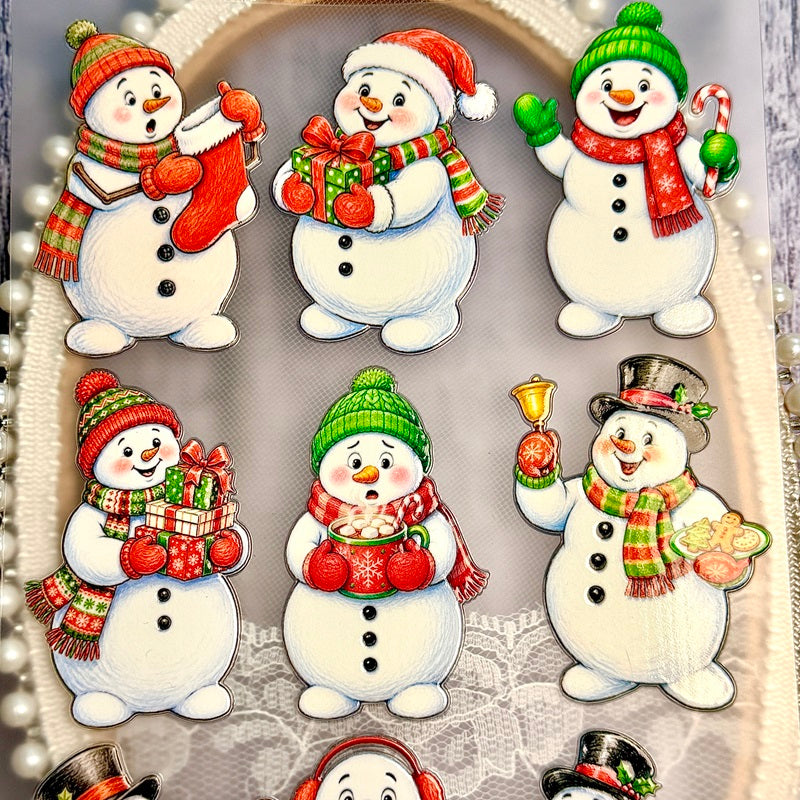 Christmassnowmanstickersincolorfulhatsandscarvesholdingastocking_gifts_candycaneandhotcocoa