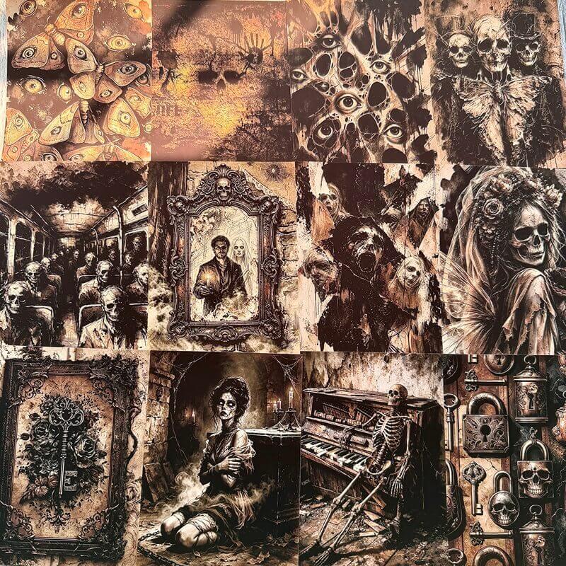 Gothicscrapbookpapersfeaturingeye-patternedmoths_skeletons_hauntedportraits_ornateframes_andantiquelocksinsepiaandblack