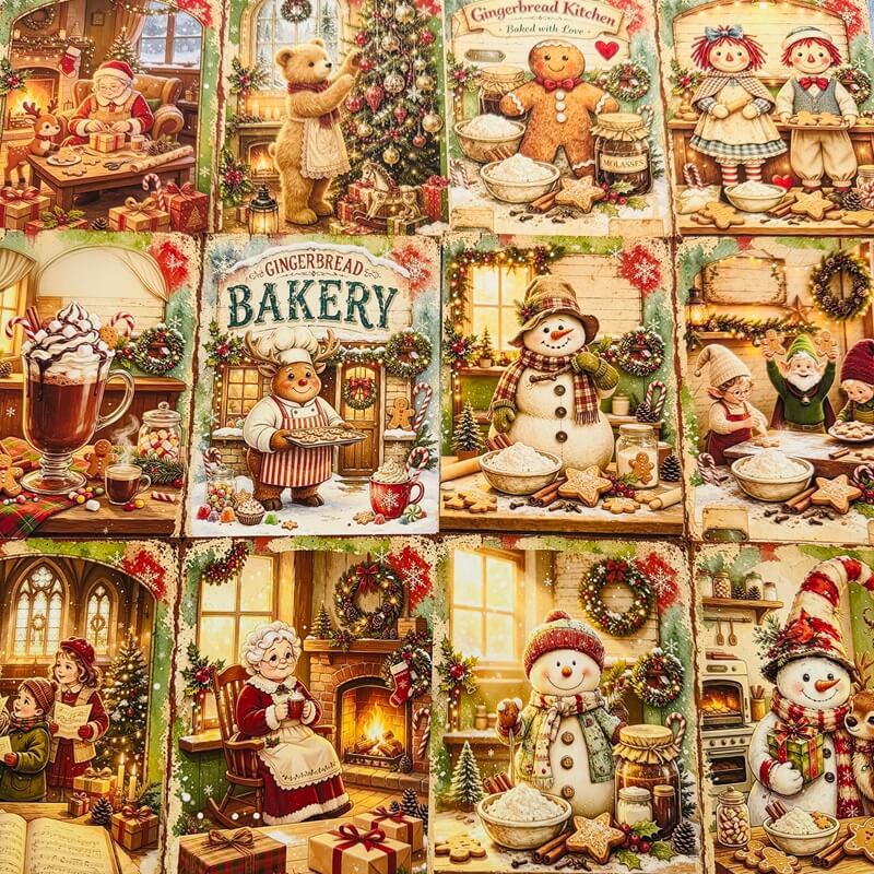 SixChristmascottagescrapbookpaperdesignswithcozyhomes_snowmen_gingerbreadbakingandnostalgicholidayscenes