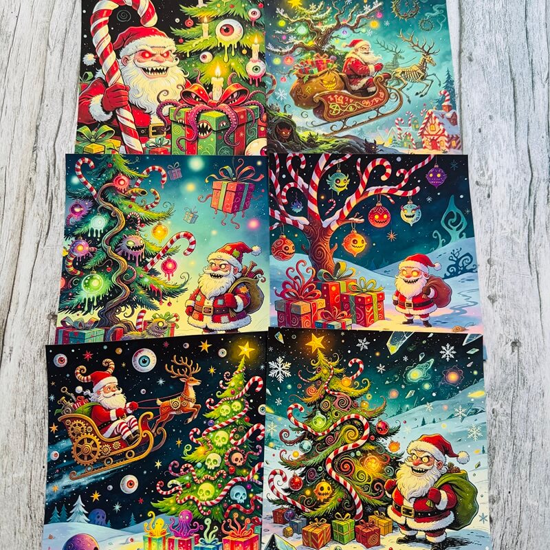SixEvilSantascrapbookpaperdesignswithcreepyChristmastrees_giftsanddarkfantasyholidayscenes