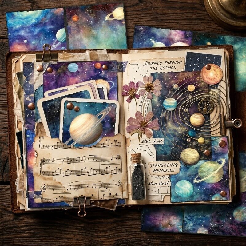 Space-themedjunkjournalfeaturinggalaxypapers_ringedplanets_orbitaldesigns_vintagesheetmusic_andpressedflowers