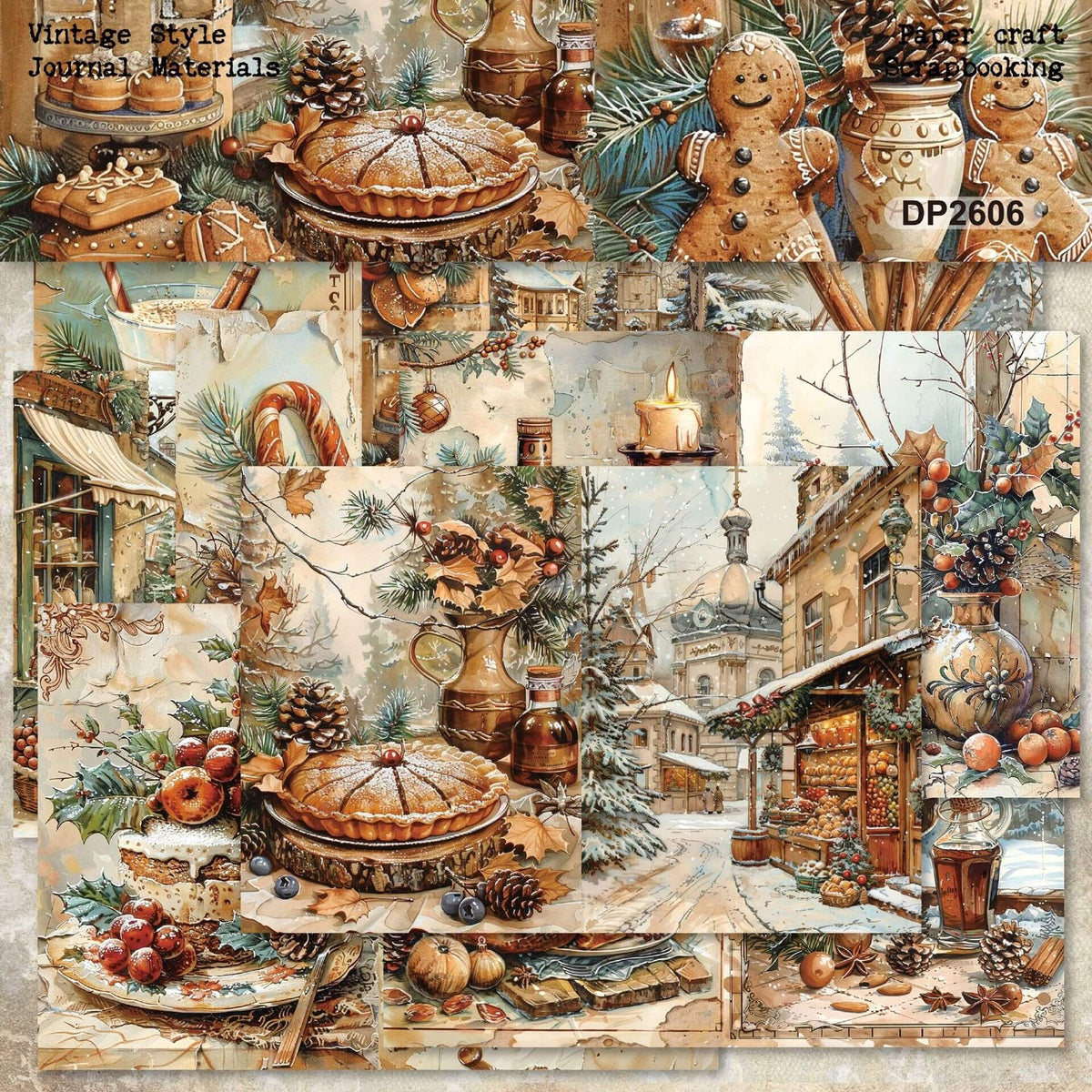 VintageChristmasscrapbookpaperfeaturinggingerbreadcookies_holidaypies_snowyChristmasmarkets_pineconesandfestivebotanicalillustrationsforjunkjournalsandDIYcrafts