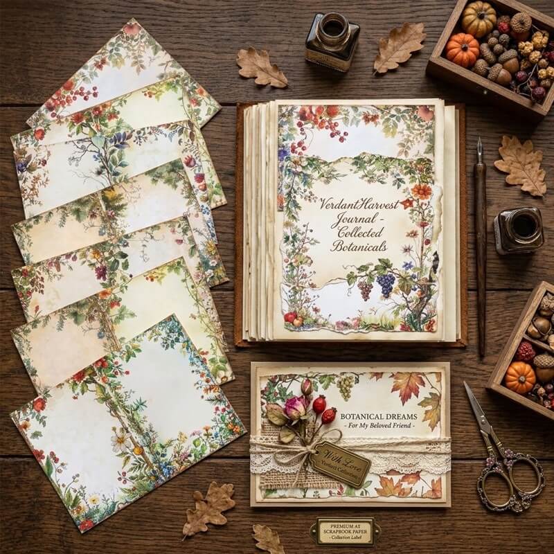 Vintagebotanicalscrapbookpaperfeaturingdelicatefloralborders_autumnleaves_berriesandantiqueparchmentbackgroundsforjunkjournals_scrapbookingandhandmadecards