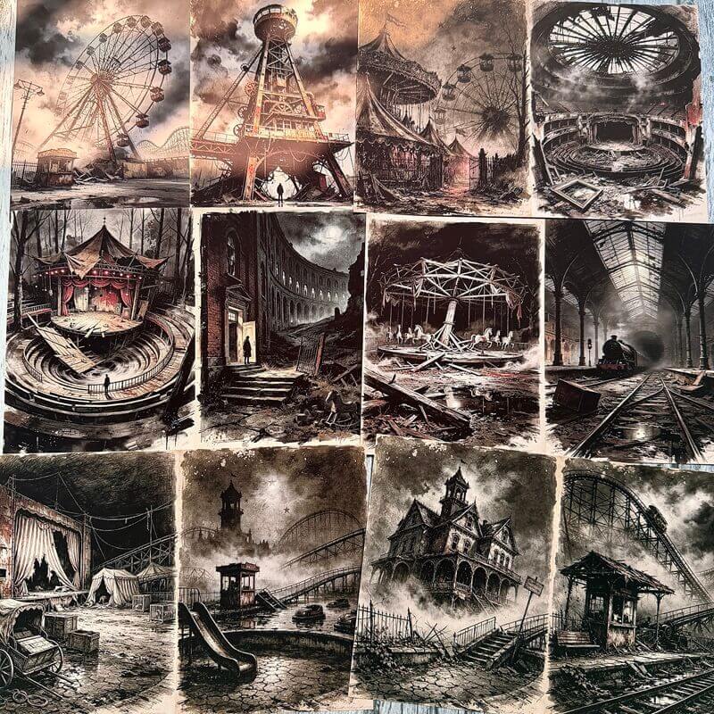 AbandonedamusementparkscrapbookpapersfeaturingdesertedFerriswheels_damagedcarousels_rollercoastertracks_andruinedbuildingsinmutedsepiatones