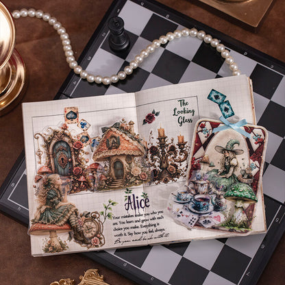 Alice_in_Wonderland_journal_spread_featuring_a_mushroom_cottage_ornate_doorway_tea_party_playing_cards_and_pocket_watch