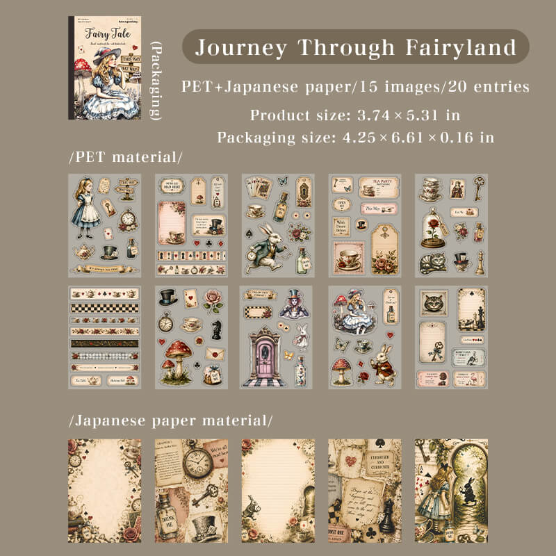 AliceinWonderlandPETstickersheetsandwashipapersfeaturingAlice_theWhiteRabbit_teacups_playingcards_andpocketwatches