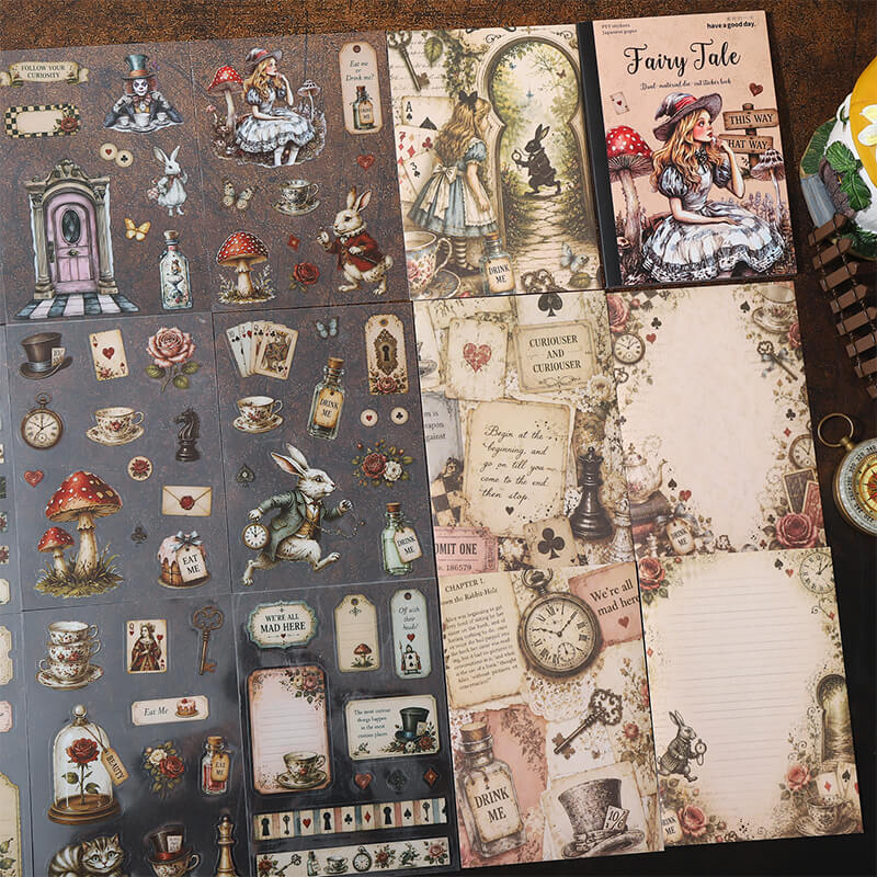 AliceinWonderlandstickerbookspreadfeaturingtheWhiteRabbit_MadHatter_mushrooms_teacups_playingcardsandpocketwatches
