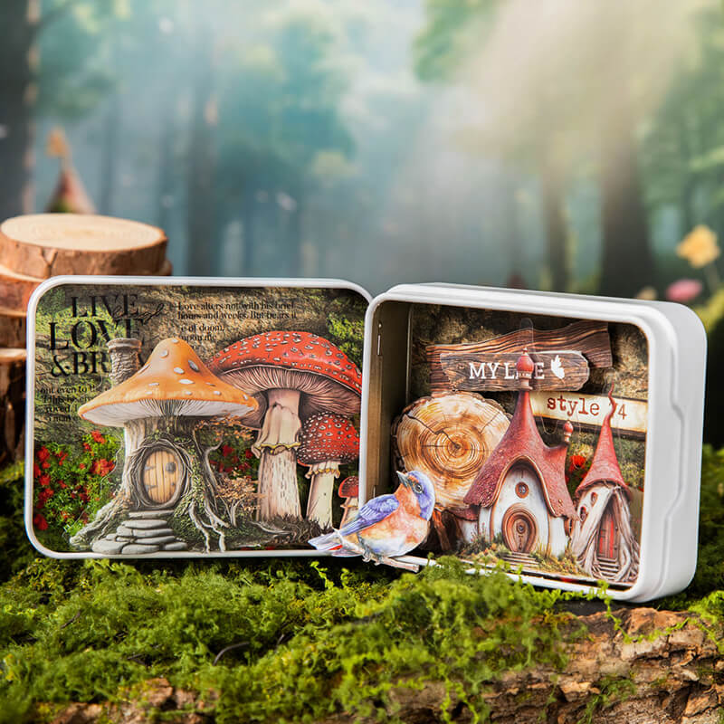 AlteredtinboxdecoratedwithmushroomcottageandfairyhousePETstickersinawoodlandcollage