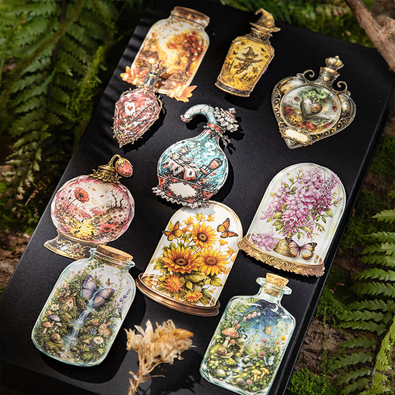 Assortedvintagefantasybottlestickersdisplayedonablackboardinawoodlandsetting