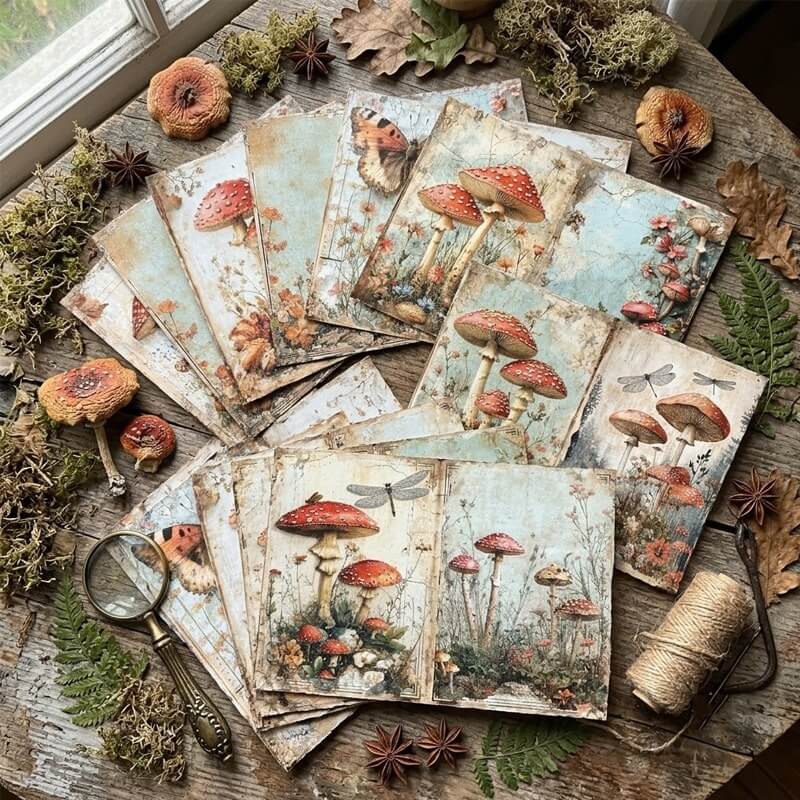 Assortedwoodlandjunkjournalpapersfeaturingredmushrooms_butterflies_dragonflies_andbotanicaldesignsondistressedblueandcreambackgrounds