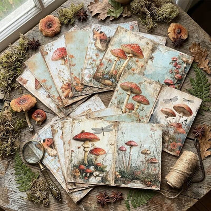 Assortedwoodlandjunkjournalpapersfeaturingredmushrooms_butterflies_dragonflies_andbotanicaldesignsondistressedblueandcreambackgrounds