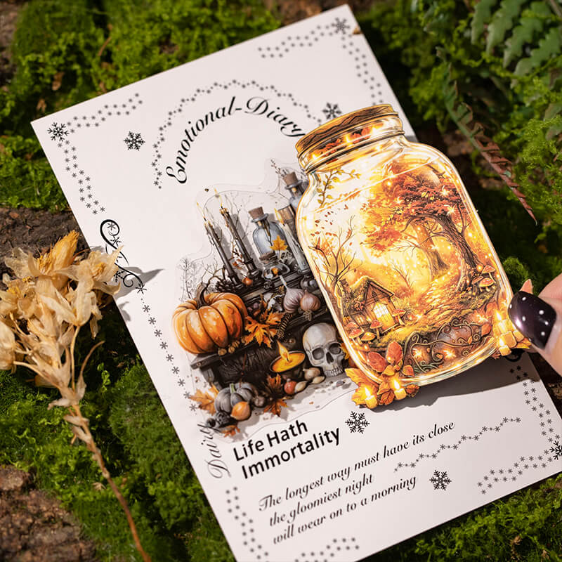 Autumnfantasyjarstickerdisplayedonagothicscrapbookpagewithpumpkinsandskulldetails