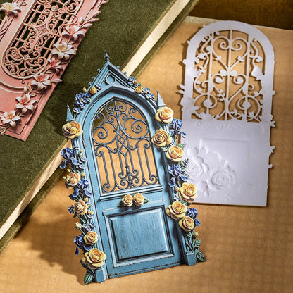BlueGothicfloralgardendoorcardstockcutoutwithintricatemetalworkandembossedbackingpiece