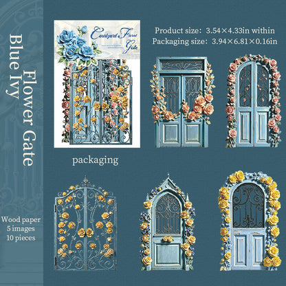 Blueivyflowergatepaperstickerswithrosesandornategardendoors