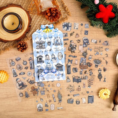 BluevintageChristmasPETstickersheetswithwinterclocks_animalsandfestivedesigns