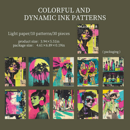 BoldColorCollagepaperwithgraphicportraits_palmtrees_roses_andcityscenesinpink_yellow_teal_andblack
