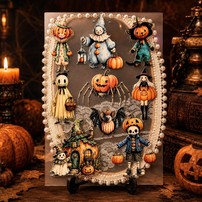 A decorative Halloween-themed acrylic plaque or art piece displayed on a small stand, featuring multiple whimsical illustrated characters including pumpkins, a spider, bats, a witch, and skeleton figures, set against a dark vintage-style background with candles and pumpkins.