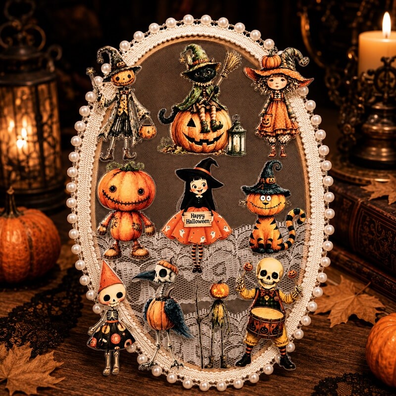An oval Halloween-themed decorative plaque or mirror with a pearl-beaded border, featuring whimsical illustrated characters including pumpkins, a witch, a cat, a skeleton, and a bird on a lace background. The piece is styled on a wooden surface with candles, lanterns, and autumn leaves around it.
