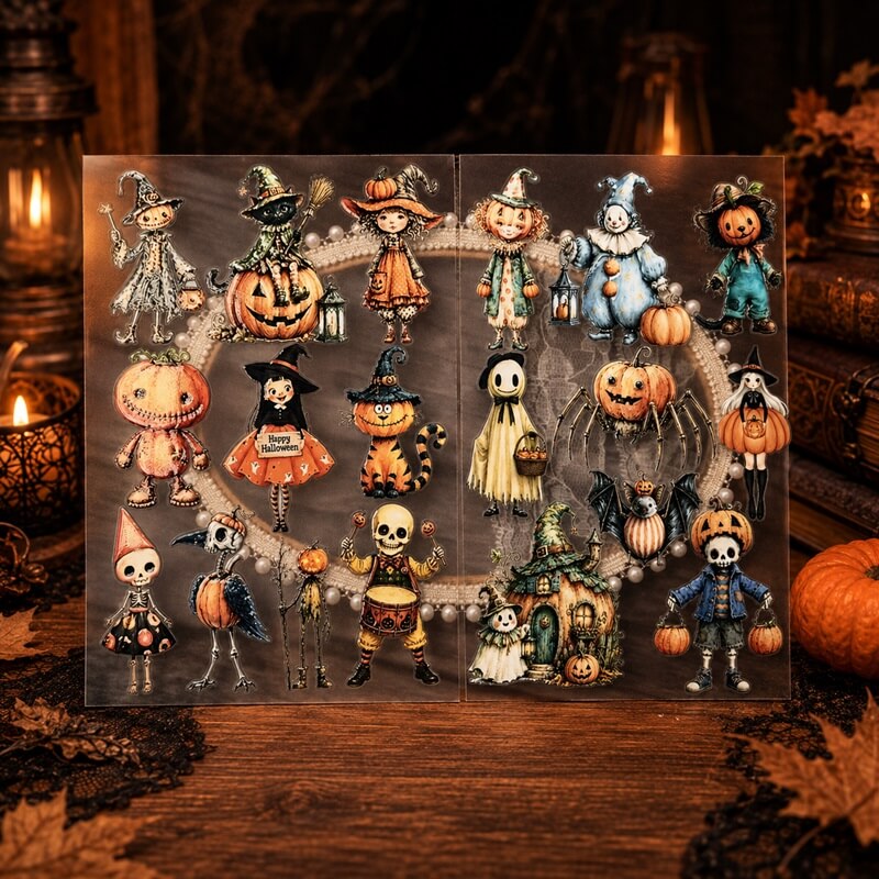 A set of vintage-style Halloween-themed stickers displayed on a wooden surface with a dark, atmospheric background of candles, lanterns, and autumn leaves. The stickers feature whimsical characters like skeleton witches, jack-o'-lanterns, a skeleton cat, a skeleton bird, and a skeleton clown in various colorful costumes.