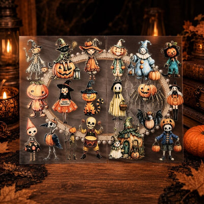 A set of vintage-style Halloween-themed stickers displayed on a wooden surface with a dark, atmospheric background of candles, lanterns, and autumn leaves. The stickers feature whimsical characters like skeleton witches, jack-o'-lanterns, a skeleton cat, a skeleton bird, and a skeleton clown in various colorful costumes.