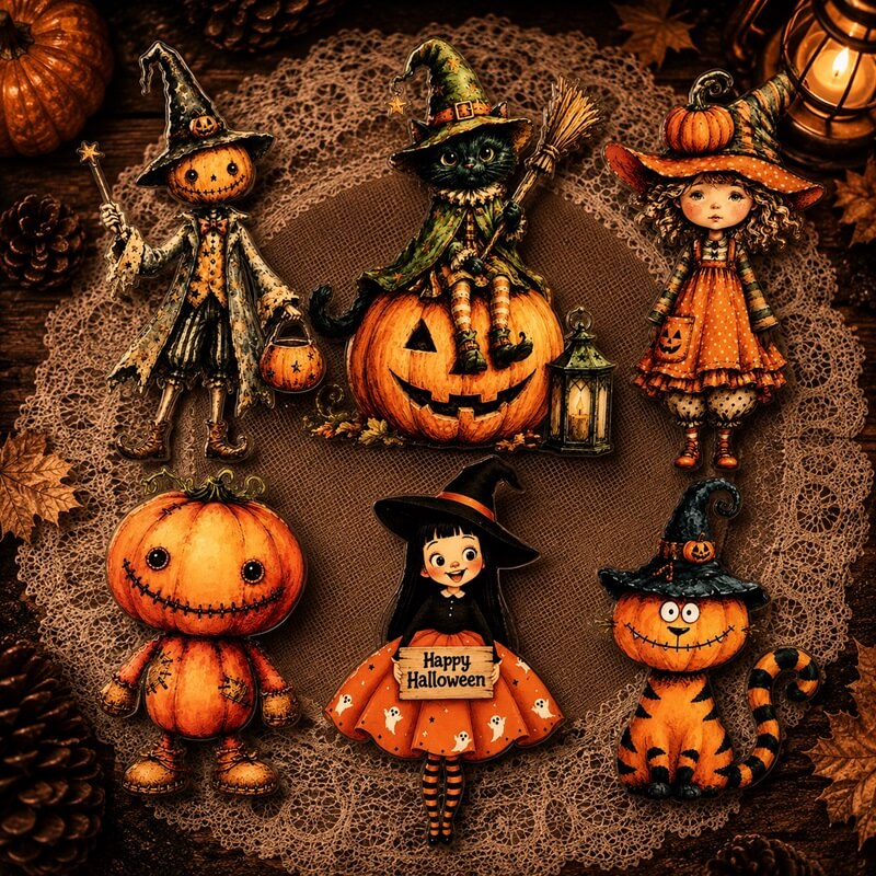 A set of Halloween-themed decorative figurines arranged on a lace doily with autumn leaves and lanterns. The collection includes a witch figure with a broom, a pumpkin-faced child, a witch riding a jack-o'-lantern, a pumpkin child, a witch with a 'Happy Halloween' sign, and a pumpkin cat.