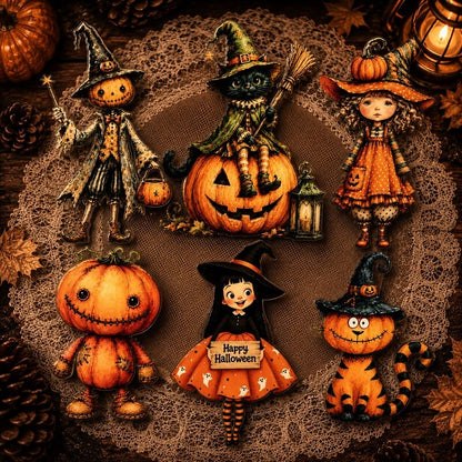 A set of Halloween-themed decorative figurines arranged on a lace doily with autumn leaves and lanterns. The collection includes a witch figure with a broom, a pumpkin-faced child, a witch riding a jack-o'-lantern, a pumpkin child, a witch with a 'Happy Halloween' sign, and a pumpkin cat.