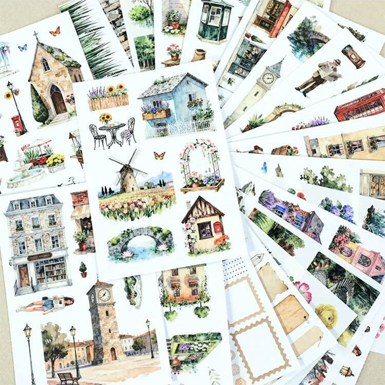CharmingTownA5stickerbookwithvintagestreets_shops_bicyclesandflowers-1