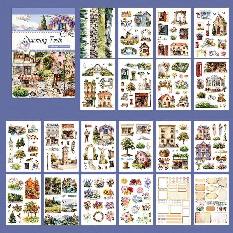 CharmingTownA5stickerbookwithvintagestreets_shops_bicyclesandflowers