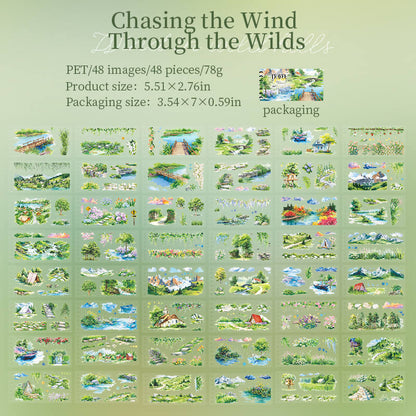 ChasingtheWindThroughtheWildsPETstickerbookshowing48designswithmountains_rivers_wildflowers_cottages_andcampingscenes