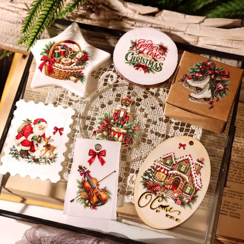 ChristmasUVtransferstickersfeaturingasewingbasket_iceskates_nutcracker_violin_andgingerbreadhouseonfestivecrafts