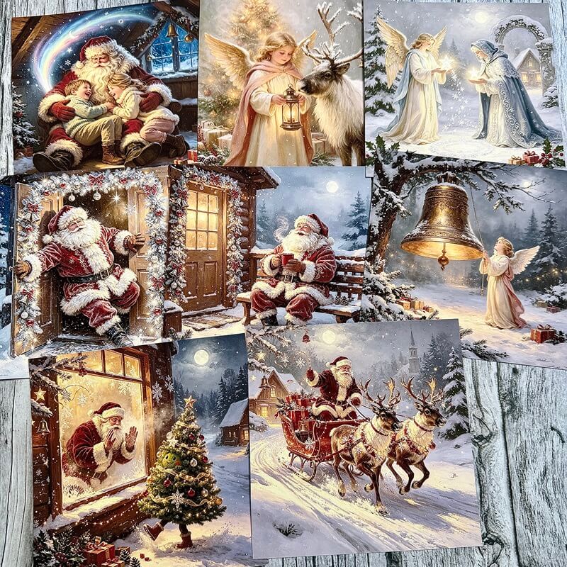 Christmasangelscrapbookpaperfeaturingangels_SantaClaus_reindeer_agoldenbellandsnowywinterscenes