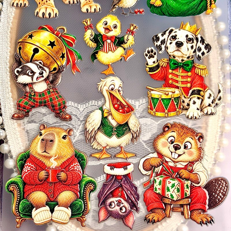 Christmasanimalstickersfeaturingabadger_duckling_Dalmatian_pelican_capybara_batandbeaver