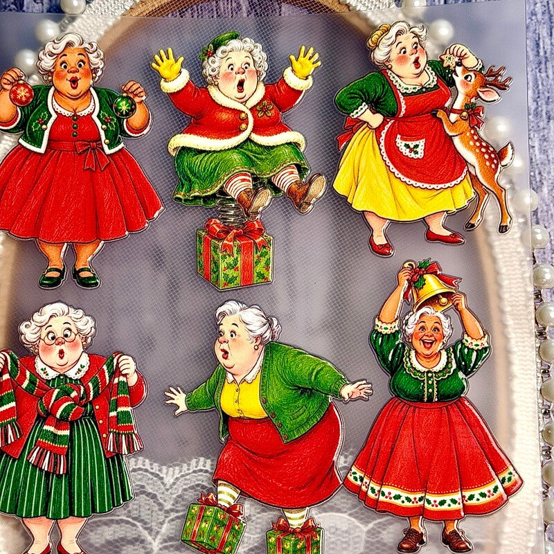 Christmasgrandmastickersinredandgreenoutfitswithornaments_gifts_areindeerandagoldenbell