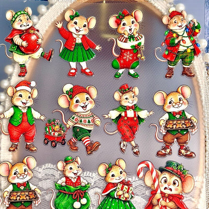 Christmasmousestickersinredandgreenoutfitswithornaments_stringlights_giftsandgingerbreadcookies