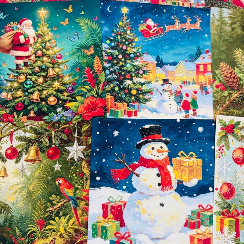 ChristmasscrapbookpapersfeaturingSanta_decoratedtrees_asnowyvillageandasnowmanholdingagift