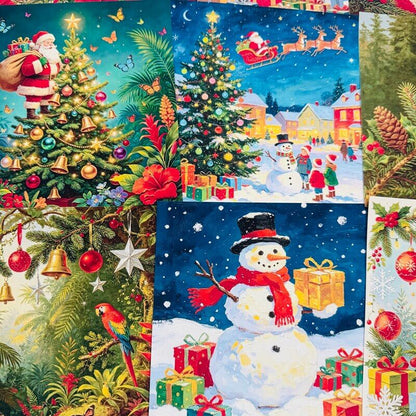 ChristmasscrapbookpapersfeaturingSanta_decoratedtrees_asnowyvillageandasnowmanholdingagift