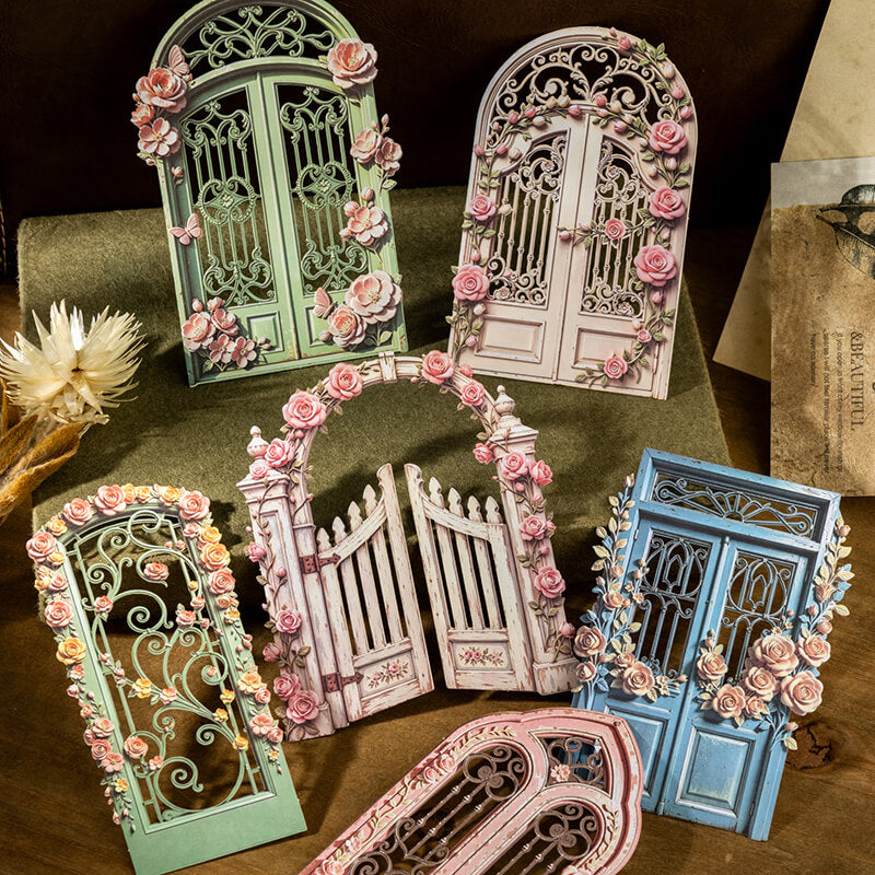 Collectionofvintagefloralgardengateanddoorcardstockcutoutsinpastelcolors