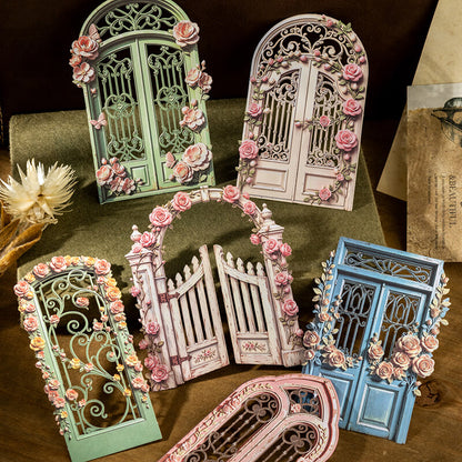 Collectionofvintagefloralgardengateanddoorcardstockcutoutsinpastelcolors