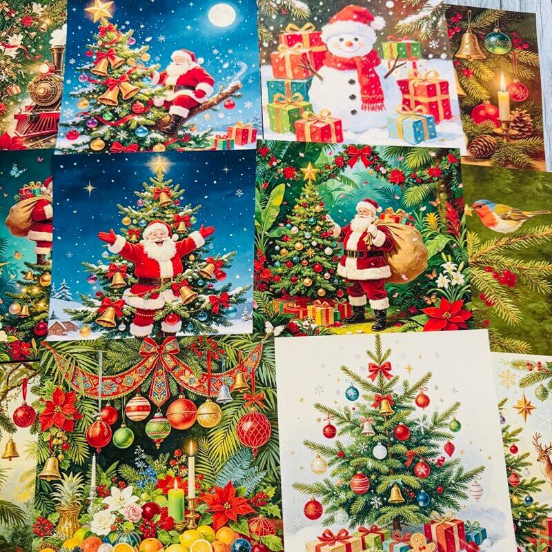 ColorfulChristmasscrapbookpaperswithSanta_snowmen_decoratedtrees_ornamentsandfestivegreenery