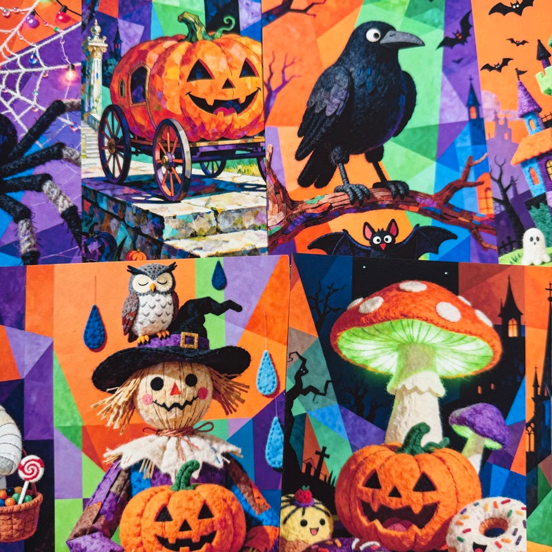 A close-up of a colorful Halloween-themed fabric print featuring a jack-o'-lantern on a carriage, a black raven perched on a branch, a witch's hat with an owl, a scarecrow holding a pumpkin, a glowing mushroom, bats, haunted houses, spiderwebs, and candy corn against a multicolored geometric background.