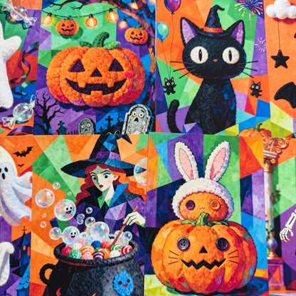 A colorful Halloween-themed collage print featuring a jack-o'-lantern, a black cat in a witch hat, a witch with a cauldron of eggs, a bunny wearing a pumpkin headpiece, ghosts, bats, stars, and festive geometric patterns.
