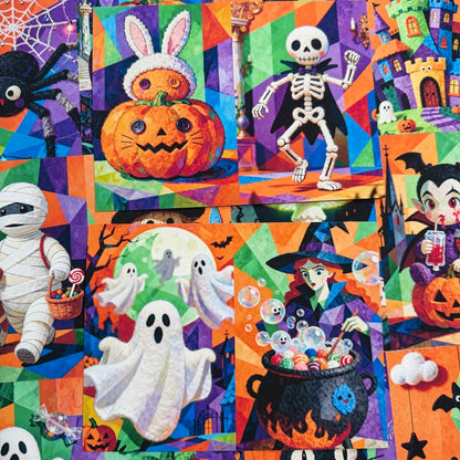 A close-up of a colorful Halloween-themed fabric or wallpaper pattern featuring stitched applique elements, including a jack-o'-lantern with a bunny face, a skeleton, a mummy, ghosts, a witch with a cauldron, and haunted houses.