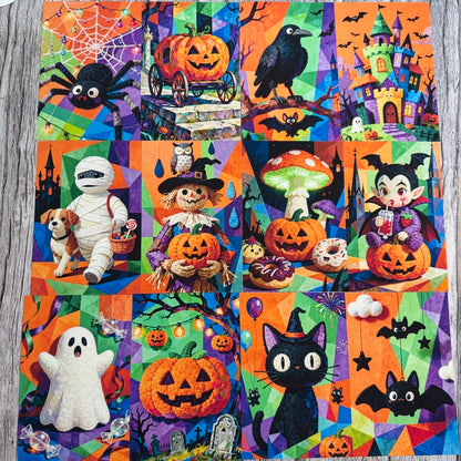 A square Halloween-themed patchwork quilt or fabric panel featuring multiple colorful illustrated squares with pumpkins, a black cat, a ghost, a mummy, a witch, a vampire, mushrooms, bats, a castle, and spiderwebs on a wood-grain surface.