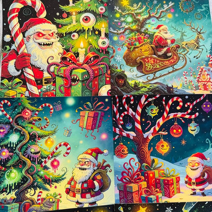 ColorfulevilSantaChristmasscrapbookpaperfeaturingcreepytrees_candycanes_monsters_ornamentsandholidaygifts