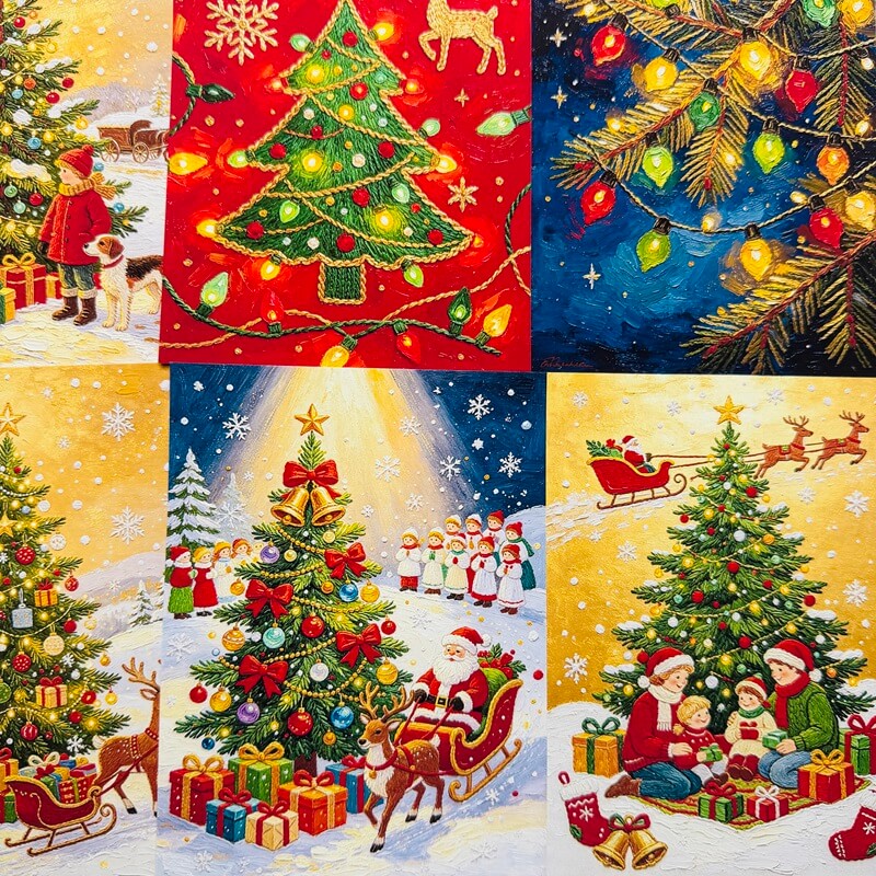 ColorfulvintageChristmasscrapbookpaperfeaturingdecoratedtrees_festivelights_Santa_ssleigh_reindeerandfamilyscenes