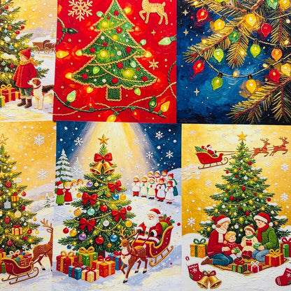 ColorfulvintageChristmasscrapbookpaperfeaturingdecoratedtrees_festivelights_Santa_ssleigh_reindeerandfamilyscenes