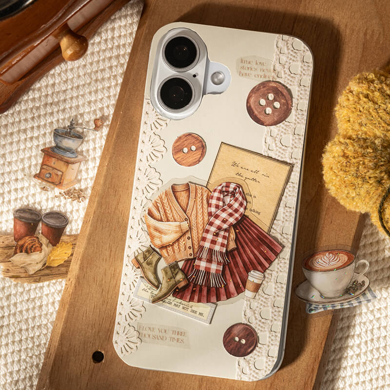 Creamphonecasedecoratedwithanautumnoutfitsticker_brownbuttons_andlace-stylepaperborders