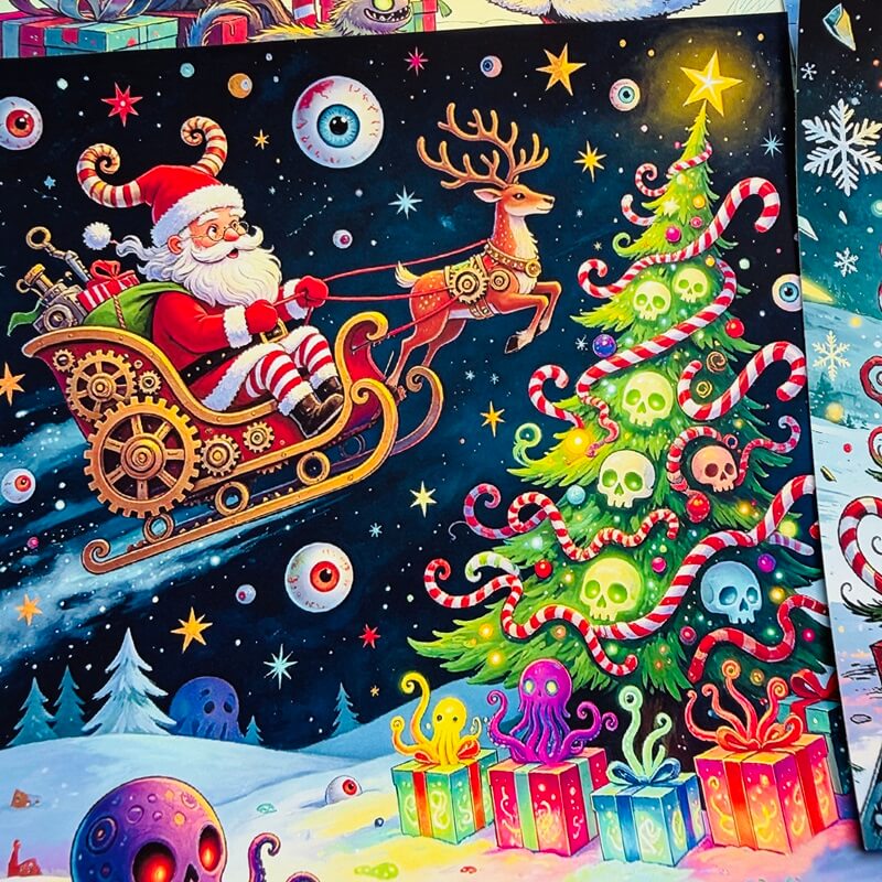 CreepyChristmasscrapbookpaperfeaturingSantainasteampunksleigh_askull-decoratedtreeandcolorfulpresents
