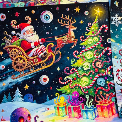 CreepyChristmasscrapbookpaperfeaturingSantainasteampunksleigh_askull-decoratedtreeandcolorfulpresents